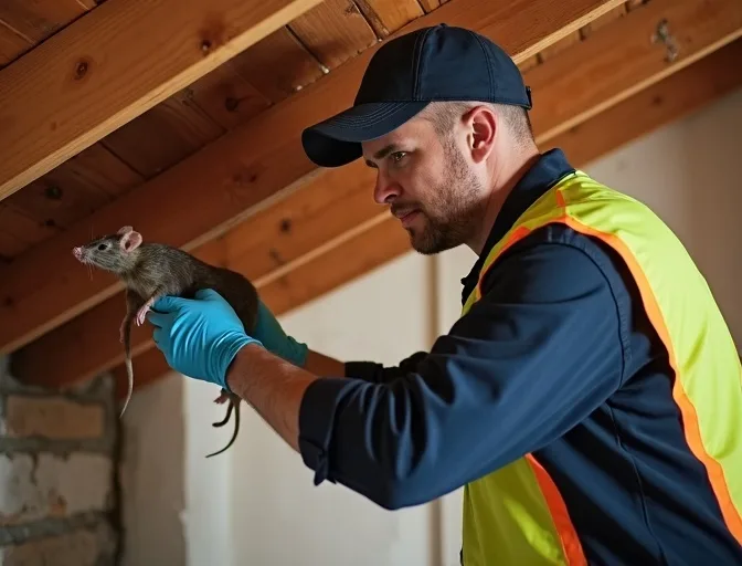Technician inspecting a roof cavity for a dead rat in Niddrie